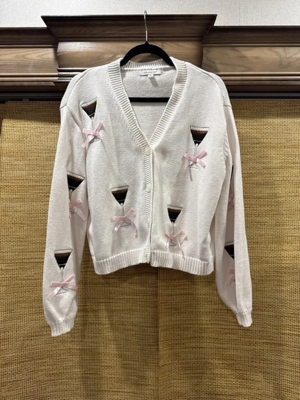 Francesca's Collections Cream Knit Cardigan with Pink Bow & Cocktail Motifs - Picture 1 of 4